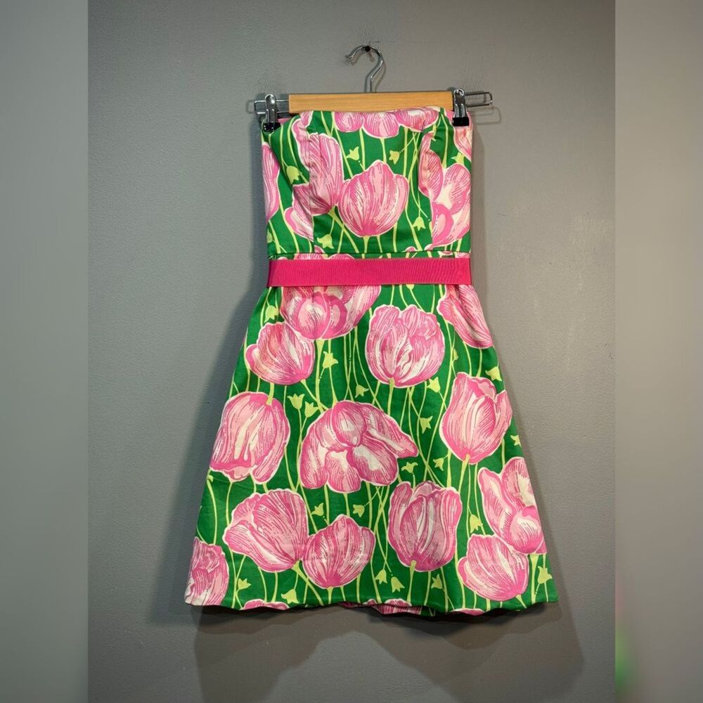 Green/Pink Lilly Pulitzer Vintage Strapless Tulip Print Dress Size 0 EUC - Picture 5 of 8